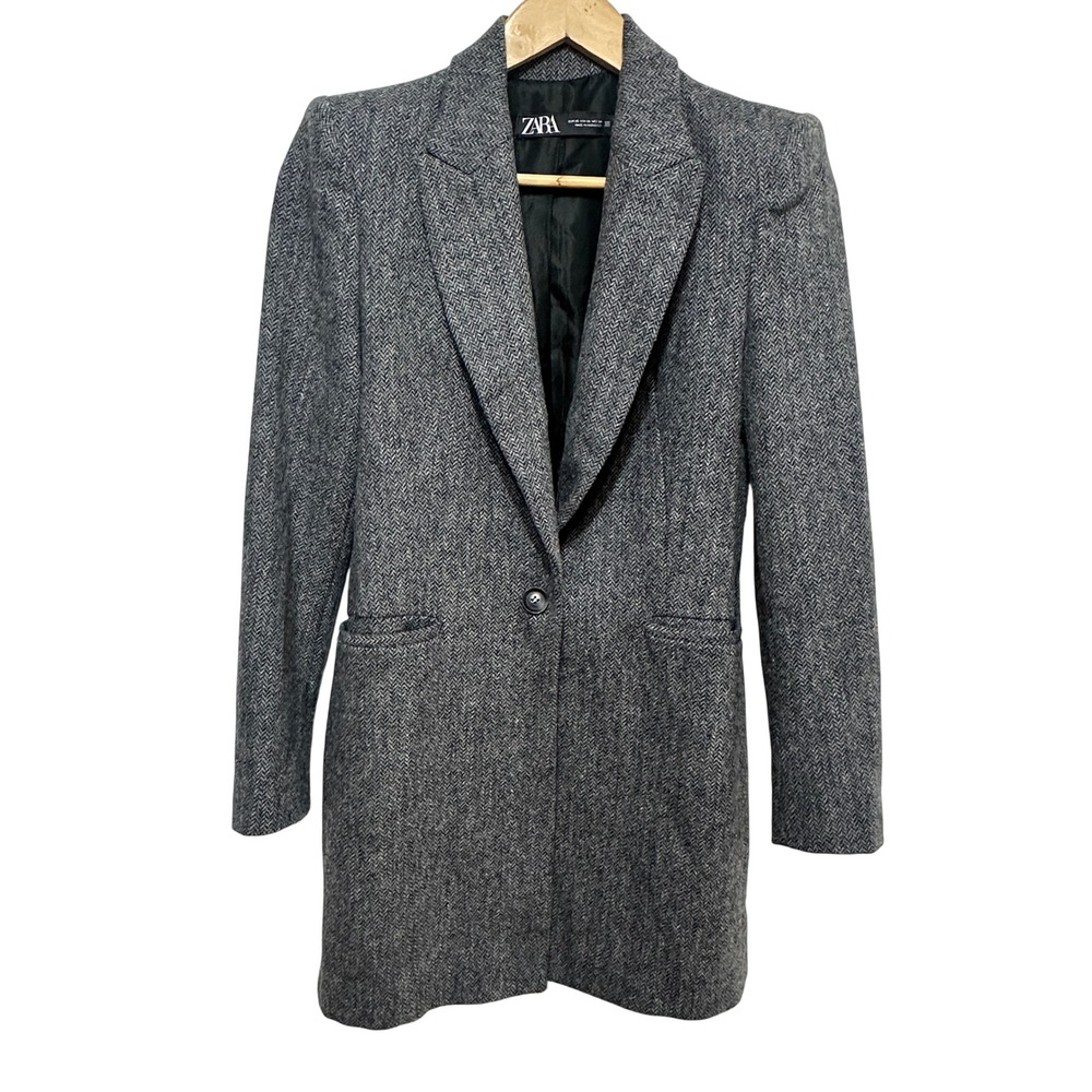 Zara Lambswool Herringbone Knee Length Blazer Coat Womens XS Chic Sophistocated